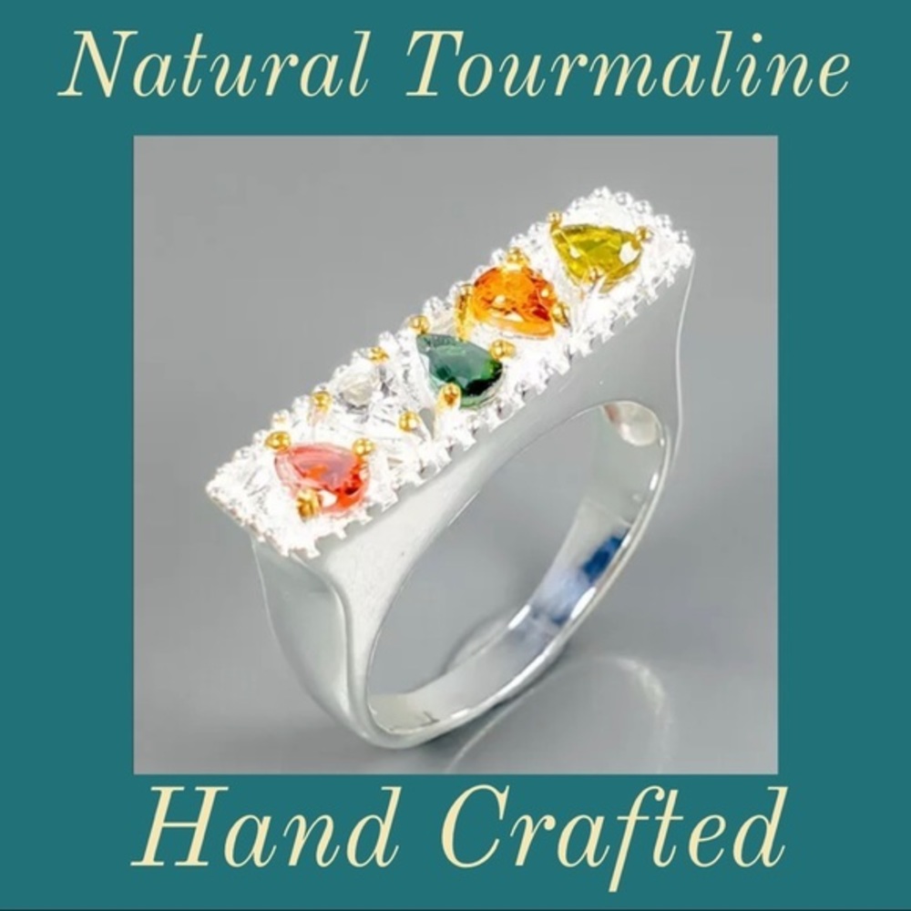 Artisan 925 natural tourmaline ring 7.75 bar style ring hand crafted OOAK